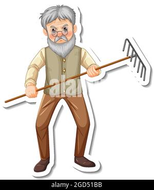 Modello adesivo con un vecchio uomo giardiniere tiene rastrello attrezzo di giardinaggio illustrazione isolata Illustrazione Vettoriale