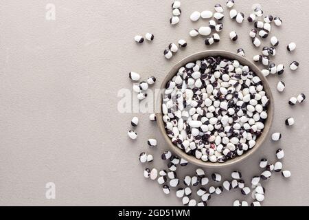 Legumi in ciotola e sparsi sullo sfondo, fagioli bianchi e viola in un piatto su sfondo grigio, vista dall'alto, spazio di copia Foto Stock