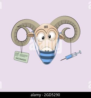 Un ariete divertente ha ricevuto un certificato o un passaporto sulla vaccinazione, documento covid 19. Illustrazione vettoriale. Illustrazione Vettoriale