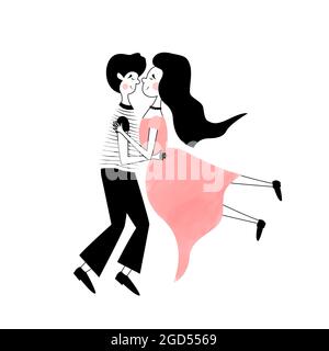 Bella coppia di cartoni animati in amore che girano nella danza. Fresco minimo doodle illustrazione dei giovani attivi. Per lezioni di danza, discoteca retrò, latino Illustrazione Vettoriale