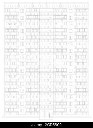 Il contorno di un edificio a più piani dalle linee nere isolate su uno sfondo bianco. Illustrazione vettoriale. Illustrazione Vettoriale