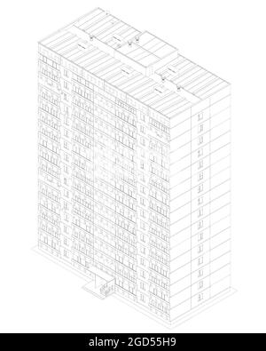 Il contorno di un edificio a più piani dalle linee nere isolate su uno sfondo bianco. 3D. Vista isometrica. Illustrazione vettoriale. Illustrazione Vettoriale