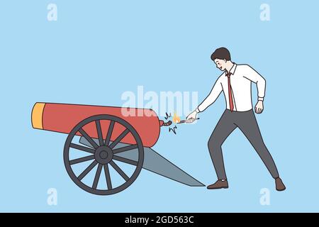 Concetto di idea Canon e cannoniere. Giovane positivo sicuro uomo d'affari che sta sparando canon avendo idea creativa per l'illustrazione vettoriale di affari Illustrazione Vettoriale