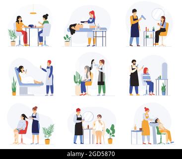 Trattamenti di bellezza, parrucchiere, centro termale con trattamenti di bellezza. Spa salone clienti, manicure, trattamenti viso, massaggio vettore illustrazione set. Persone Illustrazione Vettoriale