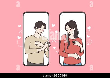 Comunicazione online e concetto di quarantena. Giovane coppia che è isolato sulla quarantena che pratica il massaggio sociale in linea per le coppie da illustrazione vettoriale degli smartphone Illustrazione Vettoriale
