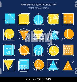 Collezione di icone matematiche in stile linea colorato. Set di simboli ed espressioni matematiche. Illustrazione vettoriale modificabile. Illustrazione Vettoriale