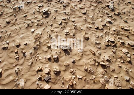 pietre, rocce e ciottoli, parzialmente immersi nella sabbia spazzata dal vento Foto Stock