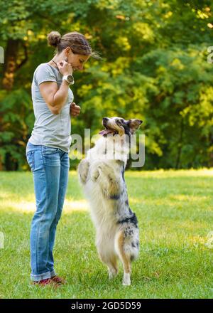 Donna che insegna adorabile cane intelligente Australian Shepherd nuovi comandi durante l'obbedienza formazione in natura Foto Stock