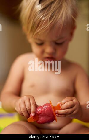 Il bambino rompe il gelato con le mani Foto Stock