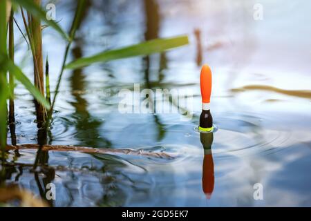 pesca - pesca galleggiante nell'acqua del laghetto. cattura il pesce con un bob Foto Stock