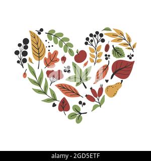 Adoro l'autunno. Collezione autunnale. Condire con foglie e bacche a forma di cuore. Illustrazione vettoriale della natura su sfondo bianco Illustrazione Vettoriale