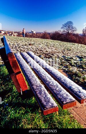 Panca vuota coperta di gelo in una mattina invernale a Hampstead Heath, Hampstead, Londra, Regno Unito Foto Stock