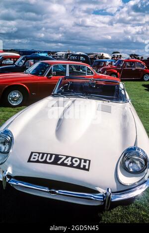 Auto classica e Type Jaguar, bianca 1969 Serie 2 convertibile, parcheggiata al Custom Car Show, Middlesbrough, Cleveland, Inghilterra, Regno Unito Foto Stock