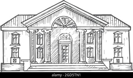 Illustrazione vettoriale Doodle disegnata dell'edificio scolastico. Disegno in stile di schizzo a tema di conoscenza o formazione. Isolato Illustrazione Vettoriale