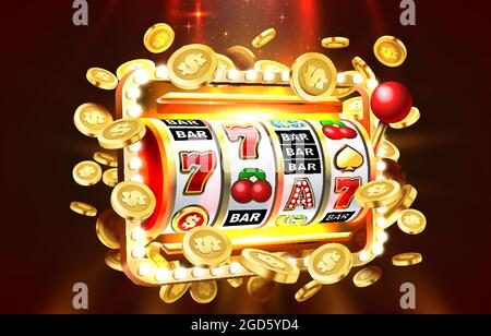 Slot 777 banner, jackpot monete d'oro, Casino 3d cover, slot machines. Illustrazione vettoriale Illustrazione Vettoriale