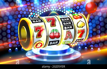 Slot 777 banner, jackpot monete d'oro, Casino 3d cover, slot machines. Illustrazione vettoriale Illustrazione Vettoriale