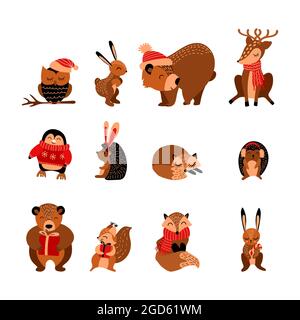 Carino cartone animato di Natale animali set. Personaggi divertenti in sciarpe e cappelli. Illustrazione vettoriale. Illustrazione Vettoriale