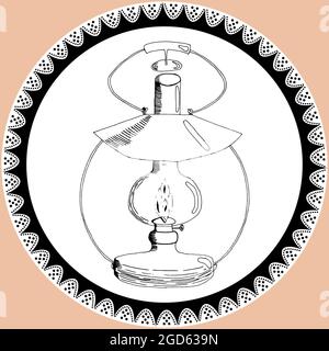 Lanterna Doodle, lampada kerosene in stile vintage con pizzo. Silhouette di lampada disegnata a mano da matita nei colori bianco e nero Illustrazione Vettoriale