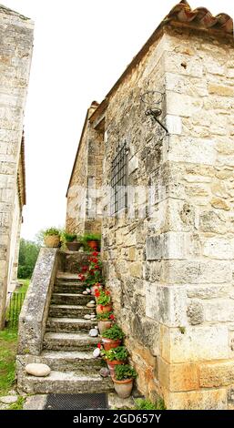 Pentole con fiori sulla scala di una casa colonica a Porqueres, Girona, Catalunya, Spagna, Europa Foto Stock