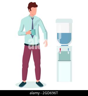 Uomo d'affari che beve il caffè in piedi vicino al refrigerante dell'acqua in ufficio, illustrazione piatta del vettore. Pausa caffè. Tempo del tè. Illustrazione Vettoriale