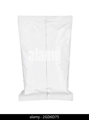 primo piano di diversi sacchetti di carta e alluminio su sfondo bianco. ciascuno viene girato separatamente Foto Stock