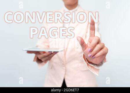 Pagine di conversione del segno di scrittura manuale. La foto concettuale viene visualizzata in risposta al clic su un motore di ricerca che presenta la discussione sulle nuove idee tecnologiche Foto Stock