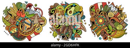 Peru cartoon vettore doodle disegni set. Composizioni colorate e dettagliate con molti oggetti e simboli peruviani. Isolato su illustrazioni bianche Illustrazione Vettoriale