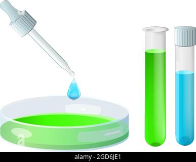 Piastra Petri e pipetta, vetro da laboratorio e provetta per analisi. Gocce di liquido blu. Strumenti di laboratorio per la ricerca microbiologica o biotecnologica. Scienza Illustrazione Vettoriale