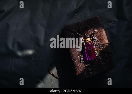 Immagine a soffitto di un flacone con tappo in vetro con liquido rosa e lavanda su un notebook in pelle con un raggio di luce solare. Foto Stock