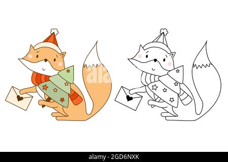 Set di volpe in sciarpa e cappello di Santa con albero di Natale e lettera. Colore animale e disegno di contorno, linea. Illustrazione vettoriale per collezione bambini, col Illustrazione Vettoriale