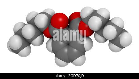 Molecola di plastificante di-n-pentil ftalato (DNPP). Rendering 3D. Foto Stock