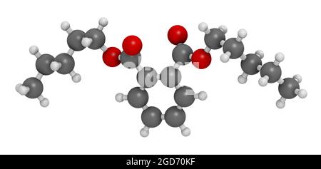 Molecola di plastificante di-n-pentil ftalato (DNPP). Rendering 3D. Foto Stock