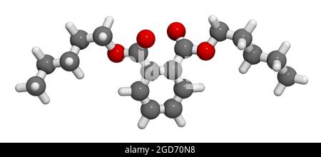 Molecola di plastificante di-n-pentil ftalato (DNPP). Rendering 3D. Foto Stock