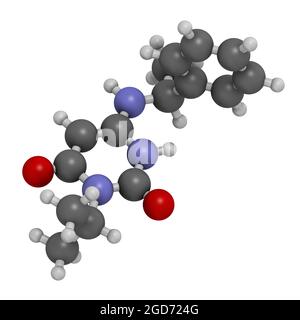 Molecola di farmaco di Mavacamten. Rendering 3D. Foto Stock