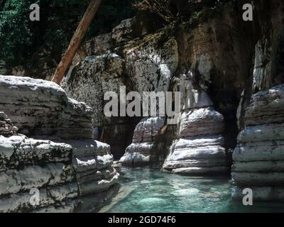 I canyon bianchi in rilievo liscio con muschio e alberi si trovano lungo il fiume turchese chiaro. Foto Stock