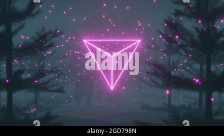 Rendering 3D di un triangolo al neon e luci colorate luminose nella suggestiva foresta di nebbia Foto Stock