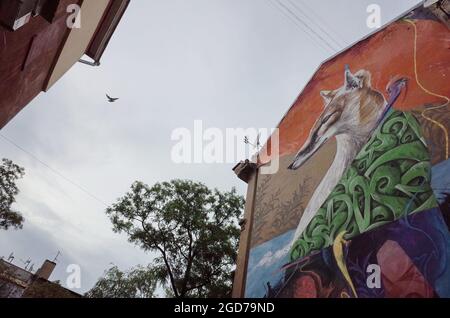 Kramatorsk, Ucraina. 11 Agosto 2021. Un murale visto su un appartamento residenziale. In 2019 anni la città di Kramatorsk in Ucraina, ha visto il completamento di serie di murales da parte di artisti europei per formare il progetto ‘You are East'. Il progetto ‘You are East' offre un nuovo volto significativo a una città in transizione. Inoltre, invitando talenti internazionali, il progetto stabilisce la città di Kramatorsk come destinazione per gli amanti dell'arte di strada. Credit: SOPA Images Limited/Alamy Live News Foto Stock