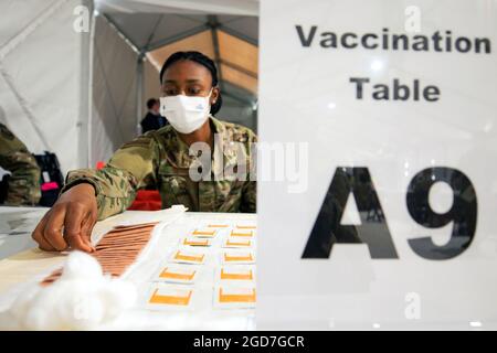 US Air Force Senior Airman Keiera Howard, un nativo di Cincinnati, e un tecnico medico aerospaziale assegnato al 335th Air Expeditionary Group, prepara la sua stazione di vaccinazione presso il Community Vaccination Center, gestito dalla federazione, a Greenbelt, Maryland, l'8 aprile 2021. Il comando nordico degli Stati Uniti, attraverso l'Esercito nordico degli Stati Uniti, rimane impegnato a fornire supporto continuo e flessibile del Dipartimento della Difesa all'Agenzia Federale di Gestione delle emergenze come parte della risposta di tutto il governo al COVID-19. (STATI UNITI Esercito foto di PFC. Jailene Bautista/5° distaccamento Mobile Public Affairs) Foto Stock