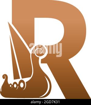 Lettera R con logo icona viking barca a vela disegno modello illustrazione Illustrazione Vettoriale