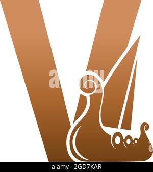 Lettera V con l'icona del logo immagine del modello di design della barca a vela viking Illustrazione Vettoriale