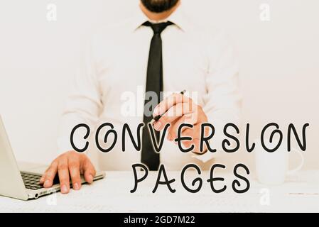 Segno di testo che mostra le pagine di conversione. Word for viene visualizzato in risposta al clic su un motore di ricerca Remote Office Work Online Presenting Business Plan e. Foto Stock