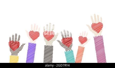 I bambini scarabocchiano le mani con cuori rossi rialzati in colori diversi. Concetto di carità, volontariato e donazione. Illustrazione vettoriale piatta isolata su Illustrazione Vettoriale