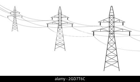 Linea elettrica aerea. La trasmissione di potenza elettrica, le linee elettriche ad alta tensione forniscono elettricità. Le eave elettriche che partono in distanza. Sezione piatta Illustrazione Vettoriale