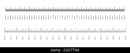 Scale di misura metriche e in pollici. Righelli centimetri e pollici. Cm e in strumenti di misura dimensione. Illustrazione vettoriale piatta isolata su sfondo bianco Illustrazione Vettoriale