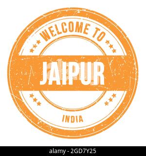 BENVENUTI in JAIPUR - INDIA, parole scritte sul francobollo rotondo arancione Foto Stock