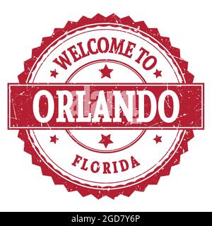 BENVENUTI A ORLANDO - FLORIDA, parole scritte sul francobollo rosso a zig-zag Foto Stock