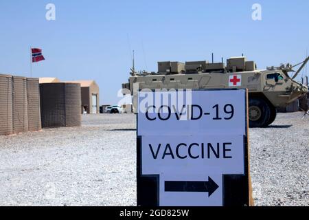 Task Force i medici vichinghi somministrano vaccini COVID-19 a personale di stanza alla base aerea di al Asad, Iraq, il 2 giugno 2021. Con l'aiuto dei medici dell'esercito norvegese, in una settimana sono stati somministrati circa 750 vaccini ai membri del servizio, alle forze della coalizione e ai contraenti civili degli Stati Uniti. (STATI UNITI Army National Guard foto di Sgt. 1° Classe Christie R. Smith) Foto Stock