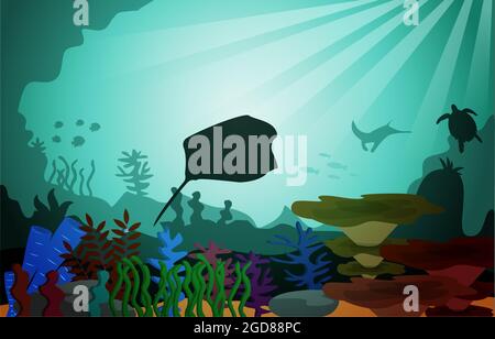 Fauna selvatica Pesci Mare Animali Ocean Underwater Aquatic Flat Illustrazione Illustrazione Vettoriale