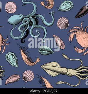 Motivo senza cuciture con elementi di pesce in stile legno e colori pastello delicati, molluschi, polpi e granchi. Illustrazione Vettoriale
