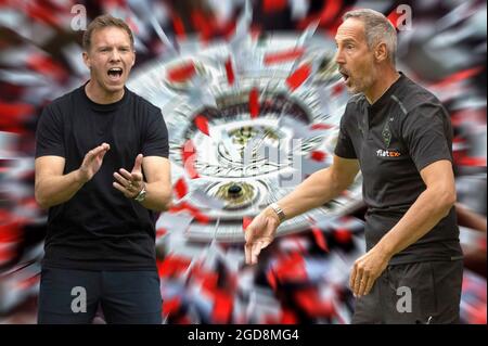 PHOTOMONTAGE: Anteprima della Bundesliga inizio stagione 2021/2022 Borussia Monchengladbach-FC Bayern Monaco. Il pullman Julian NAGELSMANN (FC Bayern Monaco) incontra al via il pullman di Gladbach Adi HUETTER. Stagione 2021-2022 ¬ Foto Stock